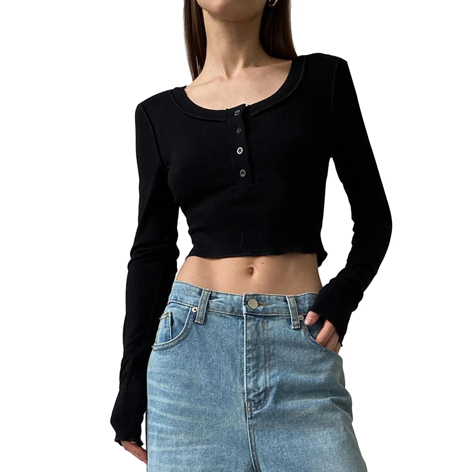 

Sexy Solid Color Button Shirts Women Long Sleeve Henry Basic Crop Tops Club Streetwear Aesthetic Grunge Clothes Y2K Female Wear