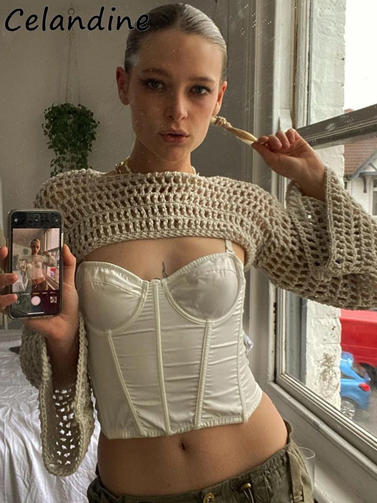 

Celandine Crochet Knitted Long Flare Sleeve Beach Women Summer Autumn T Shirt Cover Up Black Streetwear Casual Fashion Outfits