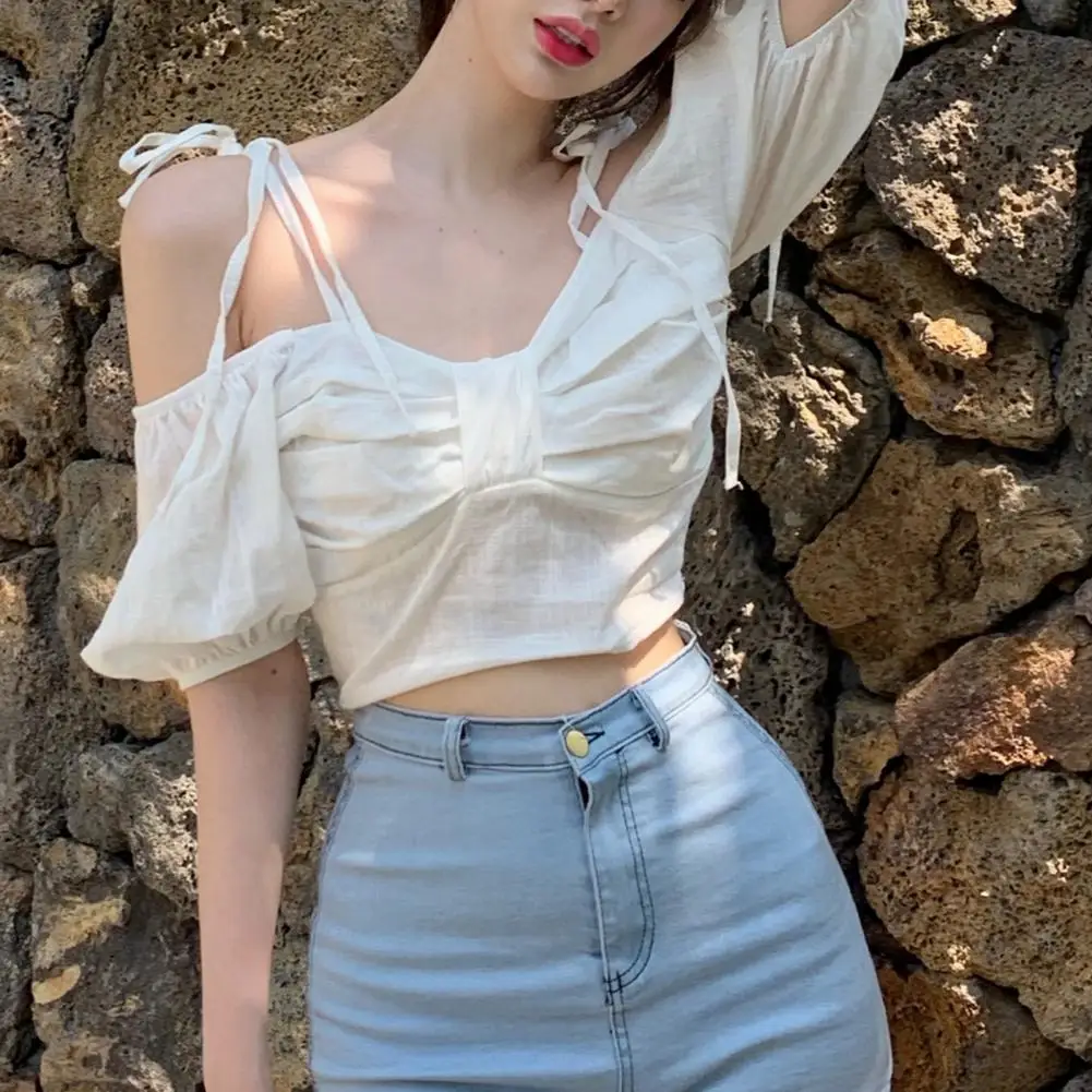 

Cropped Top Low Collar Exposed Navel Dressing Up Off Shoulder Spaghetti Straps Cropped Top Club Vest for Trip