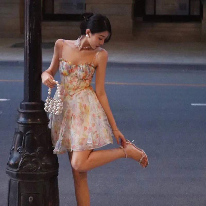 

Short Dress Korean 2023 Summer Elegant Sweet Floral Lace Sexy Tube Top Sling Chiffon Midi Dress Clothes Evening Party Prom Robe