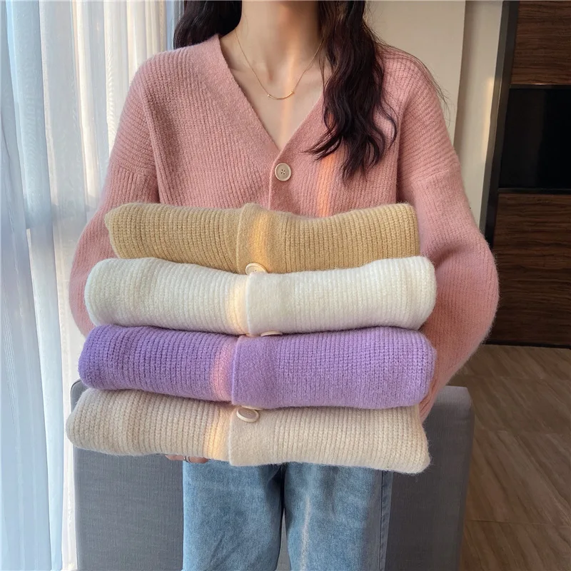

Korean V-neck Women's Cardigan Long Sleeved Loose Knitted Coat Women Knitwear