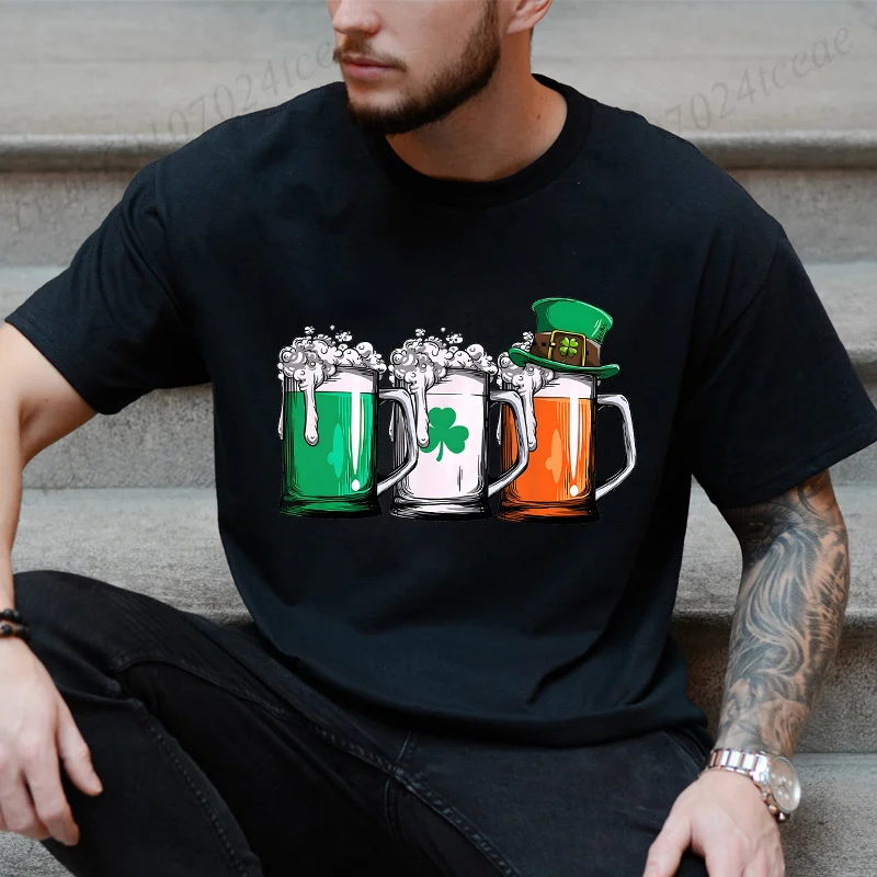 St Patrick's Day Men's T-Shirt Irish Beer Ireland Flag Print Unisex Oversized Tee Leprechaun Graphic Top Green White Party Wear