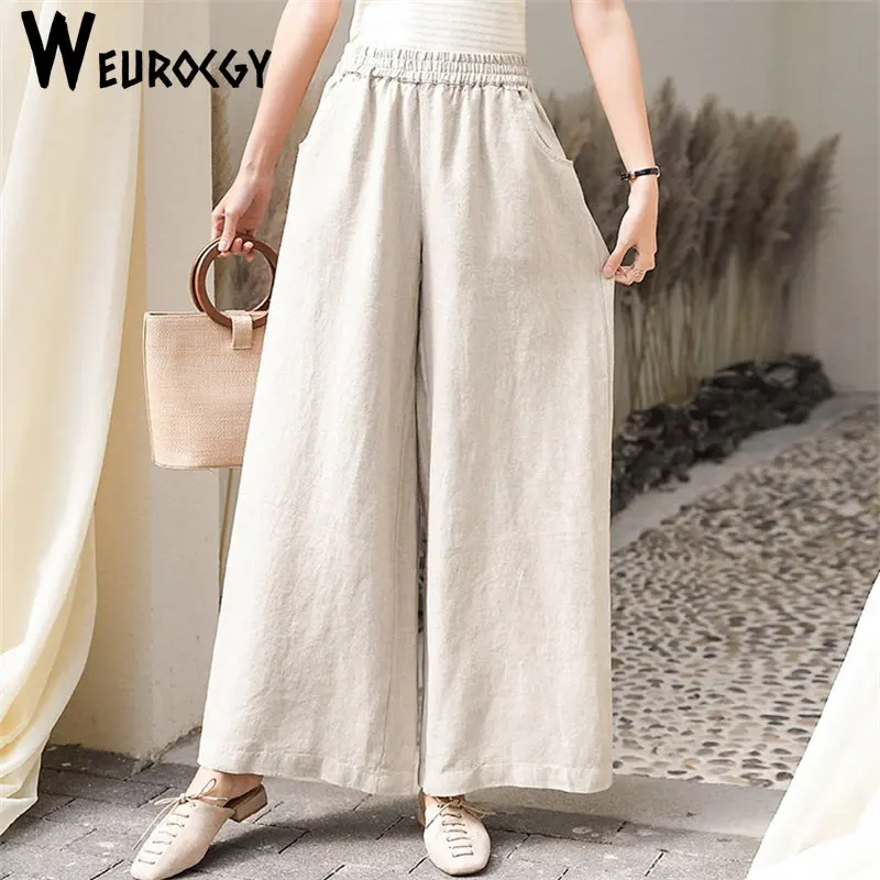 Women Pants 2023 Summer New Versatile High Waist Loose Solid Cotton Linen Wide Leg Pants All-matched Straight Casual Trousers
