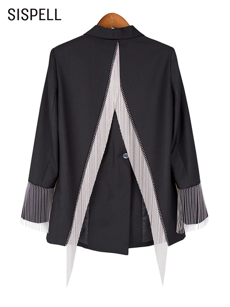 

SISPELL Streetwear Backless Blazer For Women Notched Collar Long Sleeve Patchwork Tassels Solid Blazers Female Clothing 2022 New