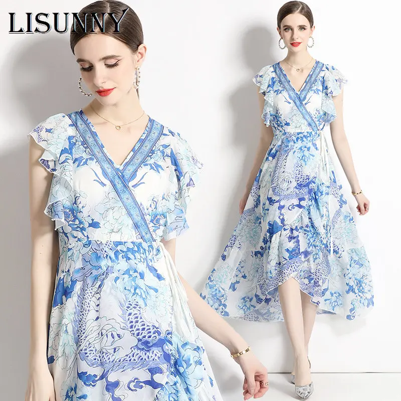 

Женское платье с коротким рукавом, V-образным вырезом и принтом