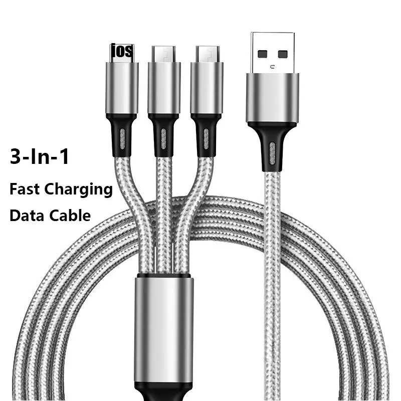 

3-In-1 Copper Core Nylon Braided Data Cable Anti-Stretch Multi-Port 2a Fast Charge Mobile Phone Charging Cable Phone Parts