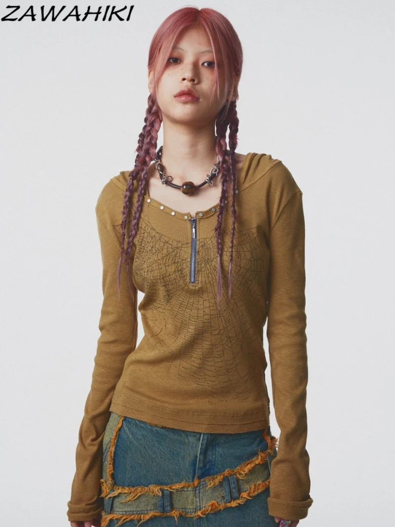 

Y2K эстетичный топ с вышивкой, тонкий однотонный пуловер на молнии, рубашки в японском стиле Харадзюку, E-girl, пуловер с графическим принтом 90-х ...