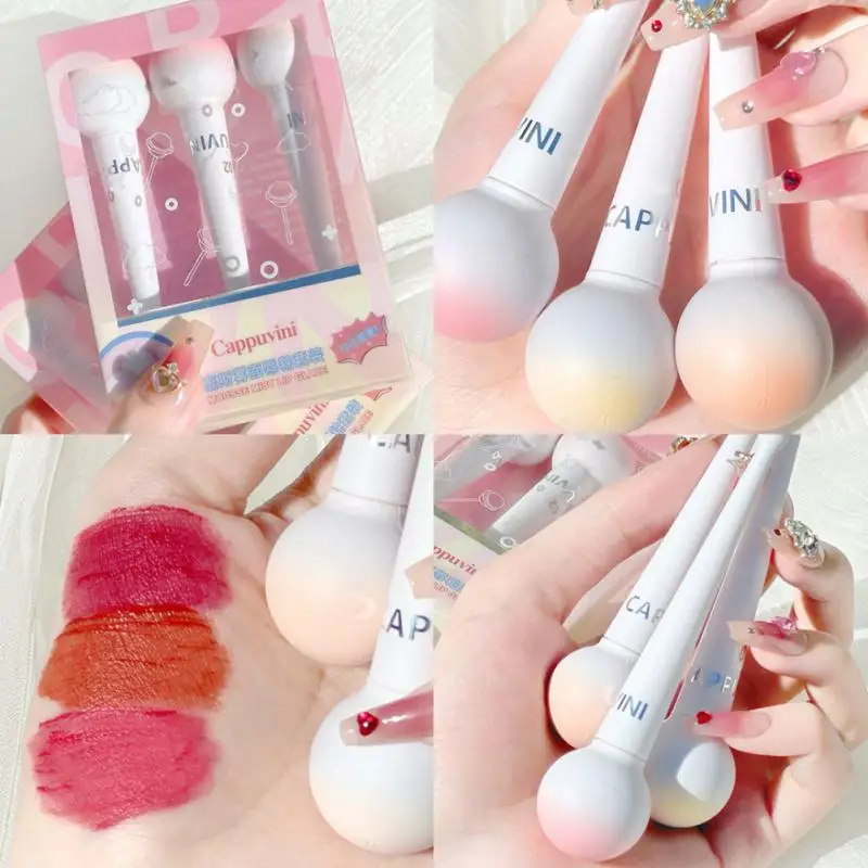 

Lip Gloss Non-stick Cup Moisturizing Marshmallow Lip Glaze Lollipop Mousse 3pcs Set Liquid Lipstick Cosmetics Lip Tint Mud