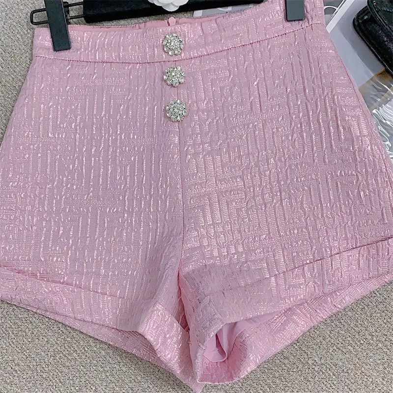 2023 Summer Rhinestone Buttons Shorts Women New Sexy Hot Girl Trendy Wide-Leg High Waist Casual Floating Pattern Flanging Shorts