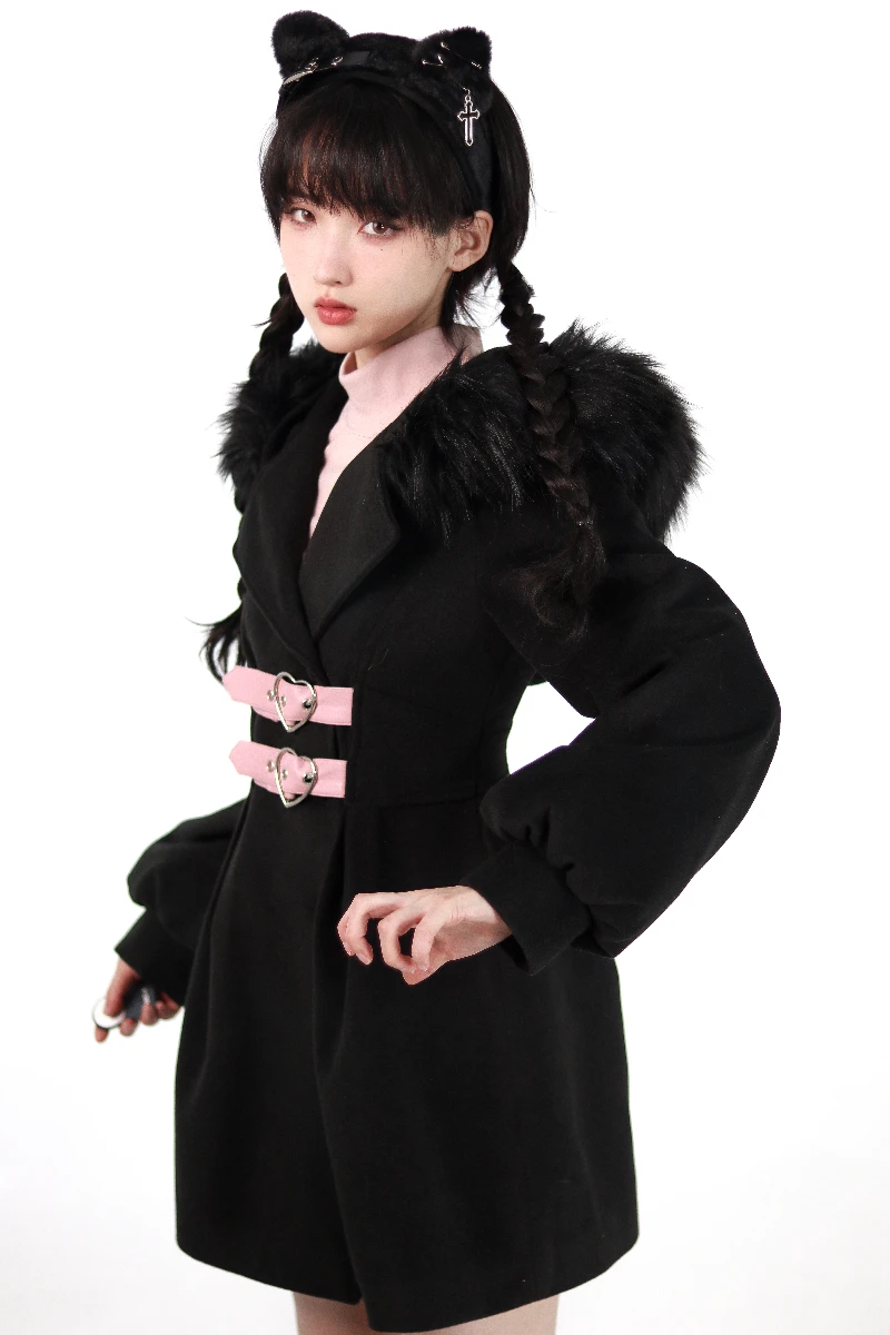 Sweet Ladies Big Fur Collar Slim Waist Warm Mid-length Woolen Coat 2023 New Cute Women Winter Pink Black Slimming Shirt Student