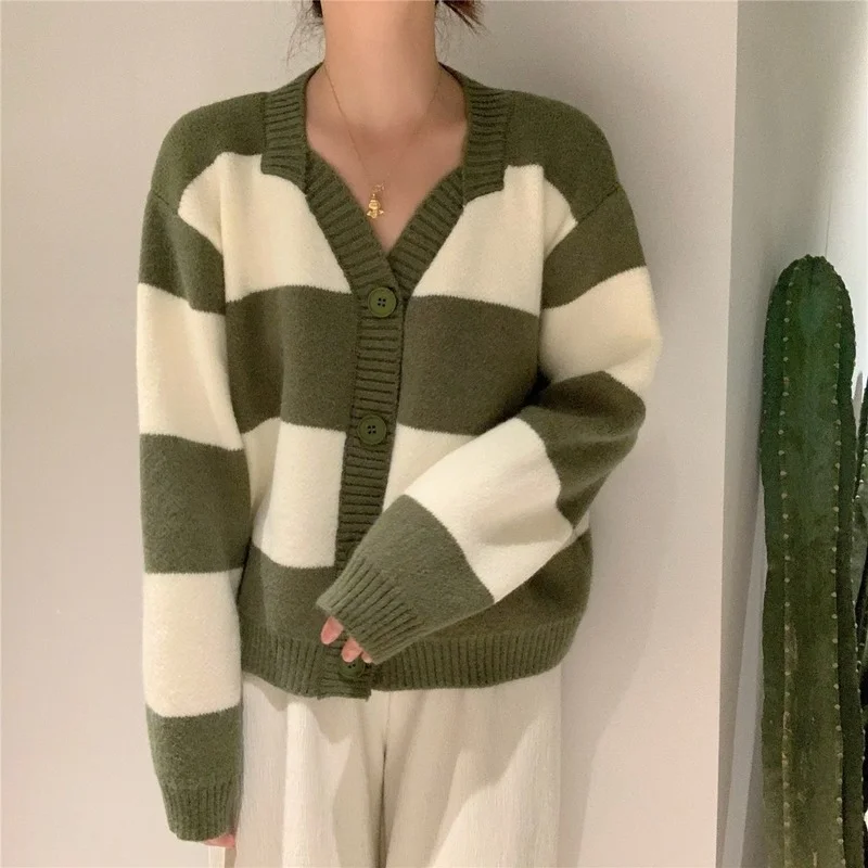 

Winter V-neck Cardigan feminino pull femme Spring Autumn New Color Stitching Knitted Cardigan Soft Sweater OuterWear