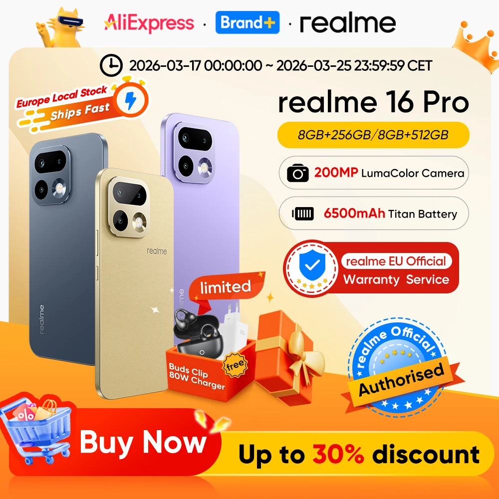 New Launch EU Version realme 16 Pro 5G Smartphone 200MP LumaColor Camera 6500nit AMOLED Display 6500mAh Battery 45W Charge