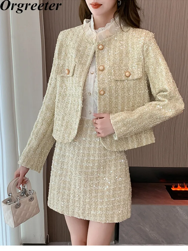 

Элегантный офисный женский твидовый комплект из двух предметов, Высококачественный кружевной лоскутный пиджак с блестками и юбка-трапеция, женские комплекты