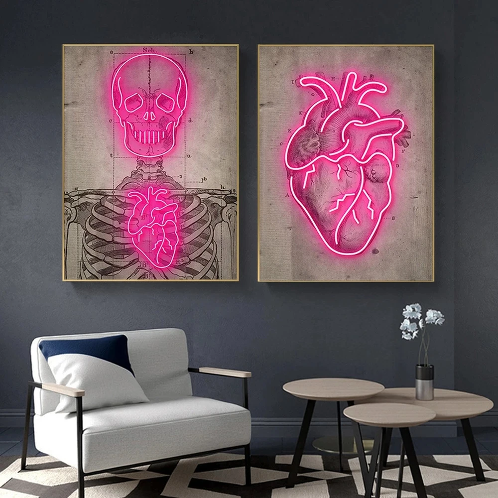 

Nordic Vintage Wall Art Picture Mural Neon Heart Skeleton Canvas Painting Posters and Prints for Living Room Home Decoration