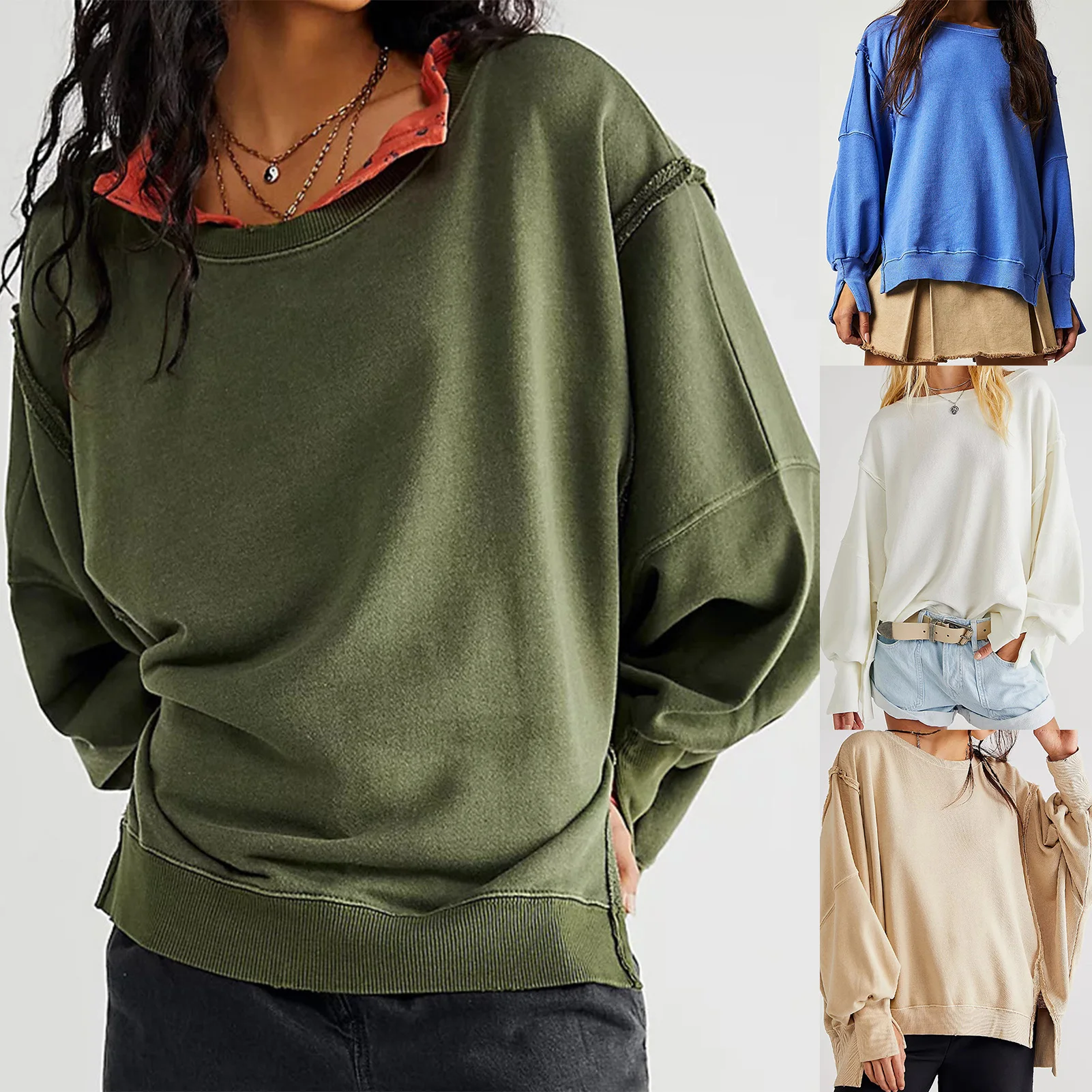 

Пуловер женский осенний однотонный с длинным рукавом и круглым вырезом