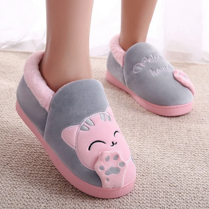 

Women's indoor slippers, winter warm shoes, non slip, with cat, cartoon, lovers, fashion, 2021