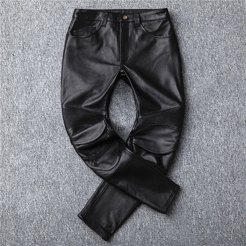 

Free shipping.mens genuine leaher cargo pants.quality black Pro motor rider cow leather long pants.Protective gear trousers.