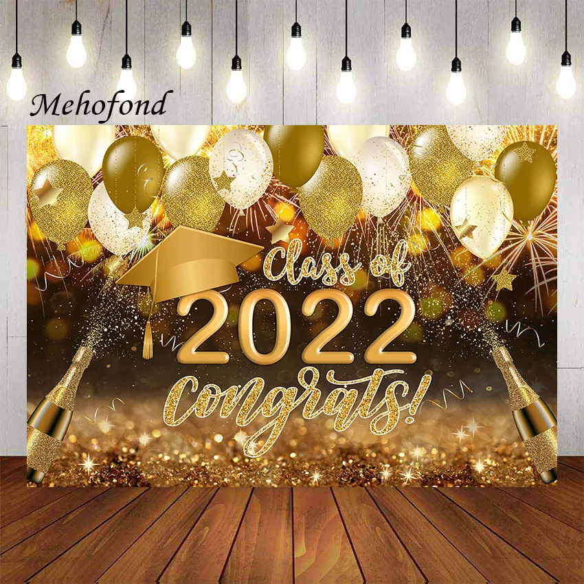 

Mehofond Photography Background Graduation Gold Balloons Bachelor Cap Congrats Grad Prom Champagne Decor Backdrop Photo Studio