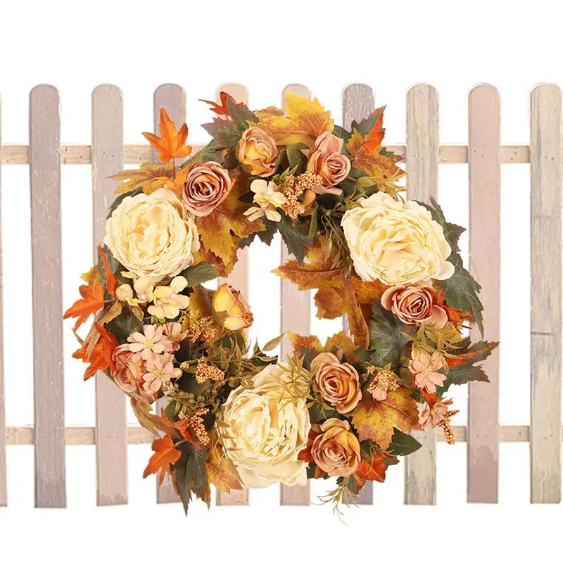 

Fall Wreaths For Front Door Artificial Autumn Wreath Decorations 15.75inch Flower Wreath With Maples Leaf Peony Harvest Wreath