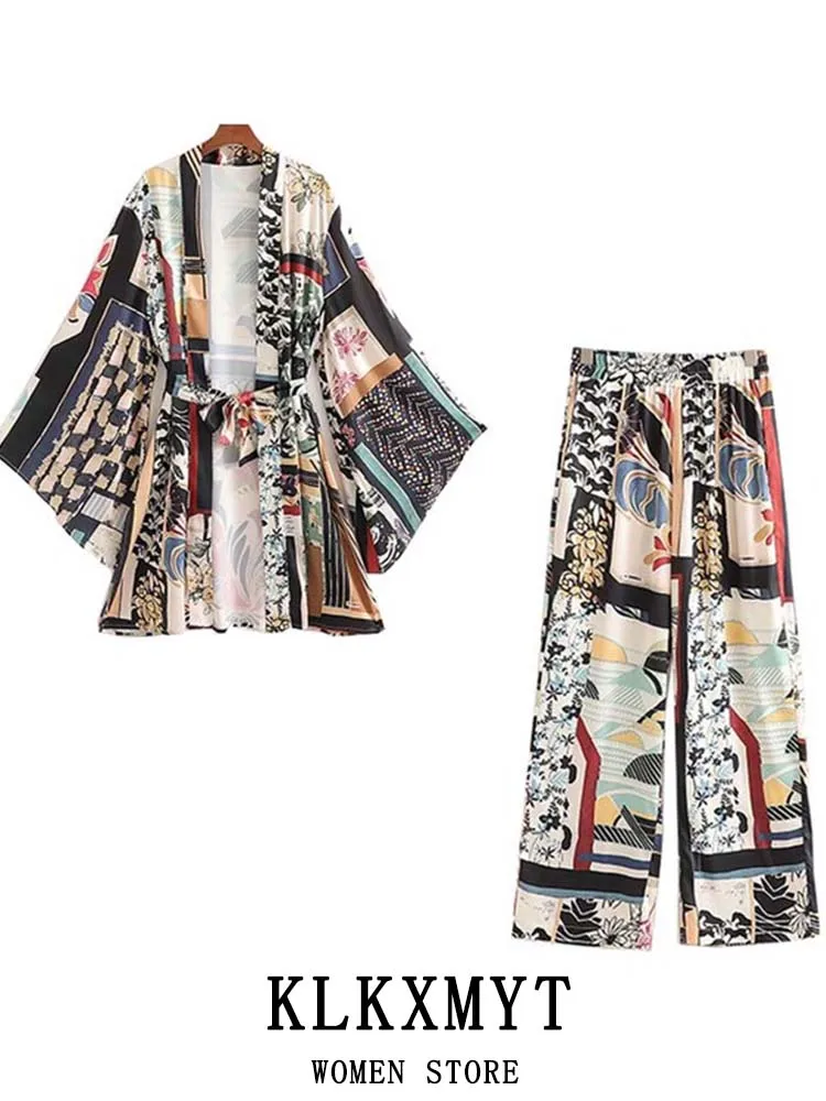

Комплект Klkxmyt ZBZA женский из 2 предметов, рубашка-кимоно + брюки 2022, летняя модная блузка с длинным рукавом и принтом, женские брюки, повседневн...
