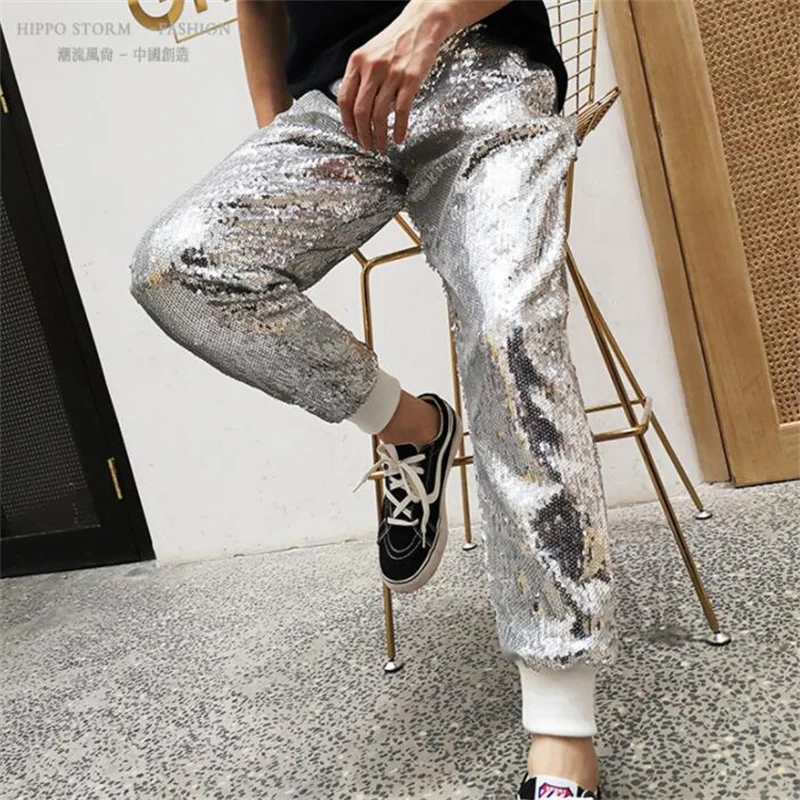 mens Sequins pants stage personality silver harem pant men feet trousers singer dance rock fashion street star style b691