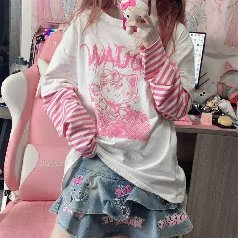 

Sanrio Hello Kitty Jk Lolita T-Shirt Kt Summer Cartoon Leisure Women's Loose Cute Youth Student Clothes Girl Plush Gift Toys