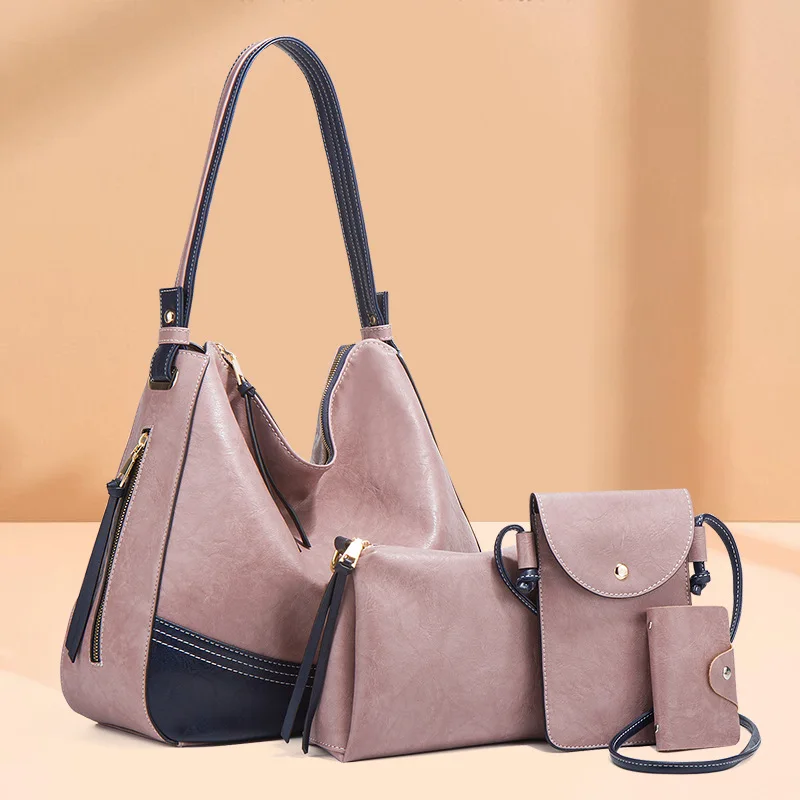 

Brand elegant Female bucket Handbag 4 sets Hobo Bag for Women Fashion Tassel Large Shoulder Oil Wax Leather ladies Purse