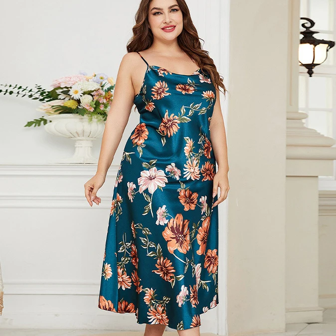 

Print Flower Nightdress Spring Summer Female Sleepwear Plus Size 5XL Long Nightgown Lounge Wear Loose Satin Home Dressing Gown