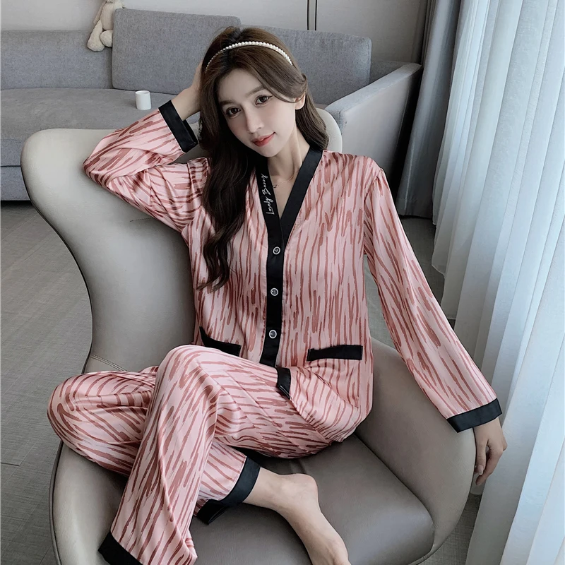 1 Ice Silk Pajamas Women's Spring and Autumn Long-sleeved Two-piece Thin Silk Home Service Silk Sexy Large Size Women's Pajamas