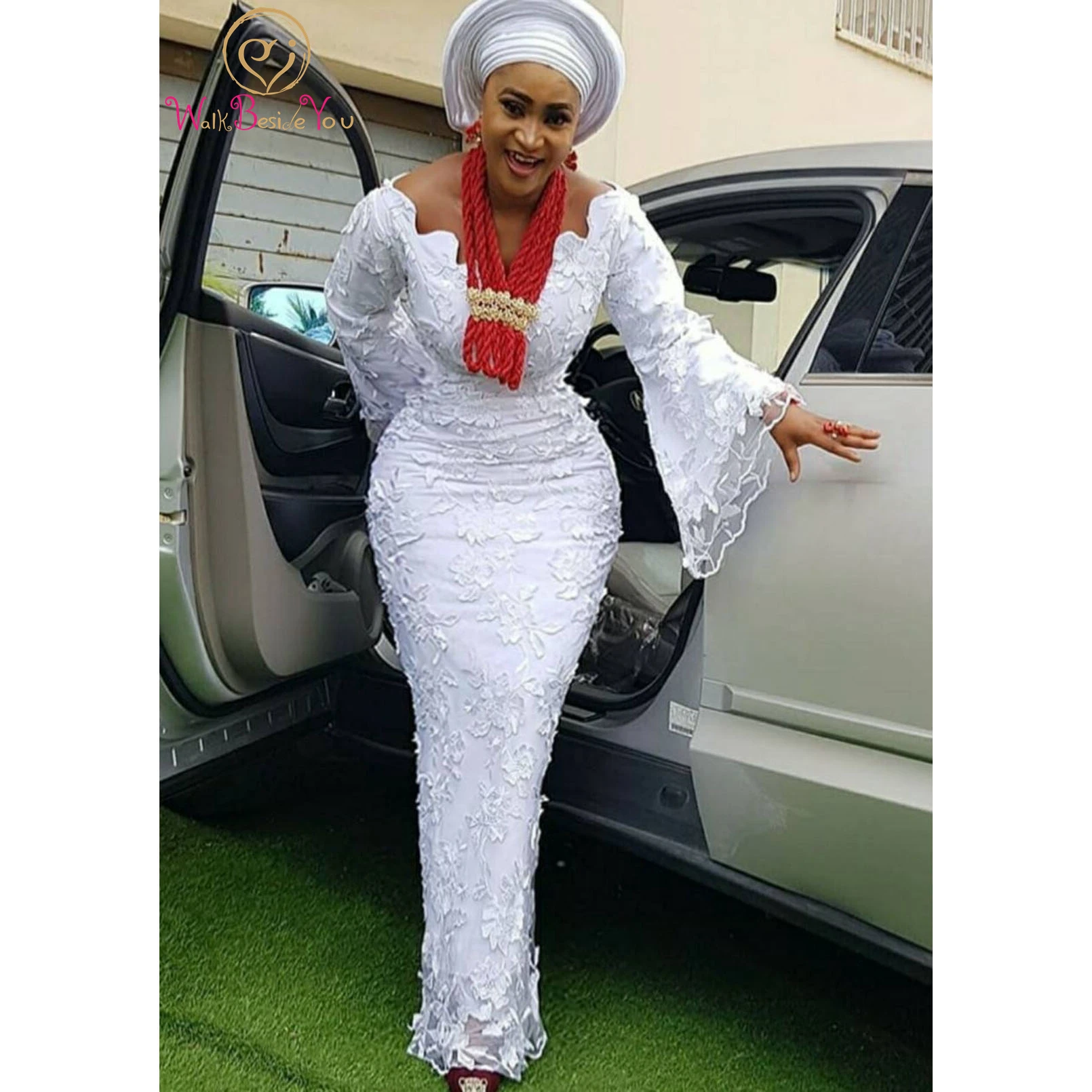 

Muslim Trumpet Full Sleeves Wedding Dress 2022 White Lace Mermaid Long Bride Gown Elegant Women Floor Length Brirdal Dress