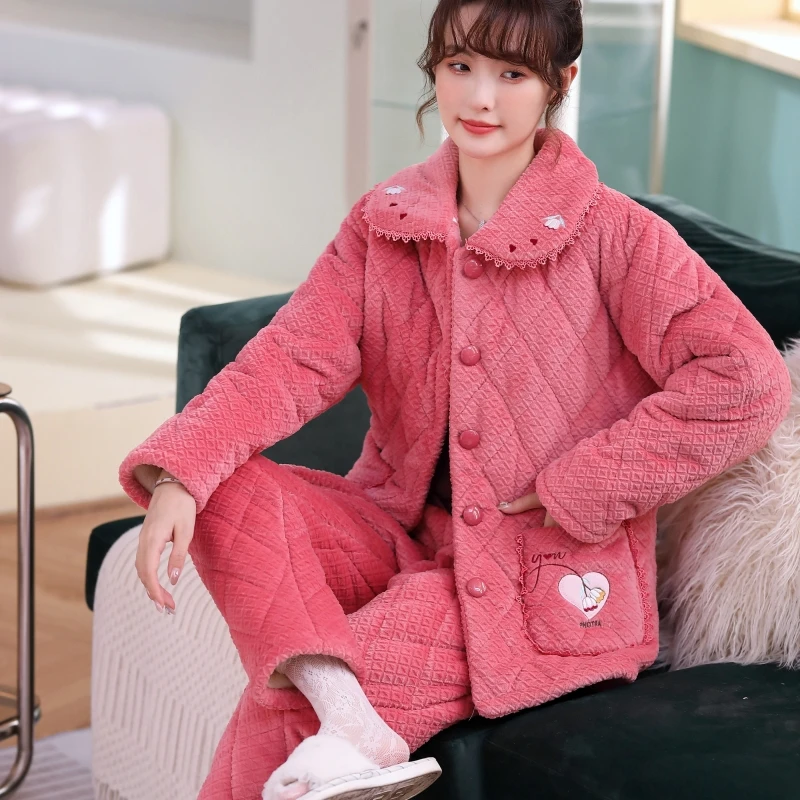 

Женский пижамный комплект, зимняя эластичная плотная теплая Фланелевая пижама, комплект с вышивкой, женские пижамы с длинным рукавом, домаш...