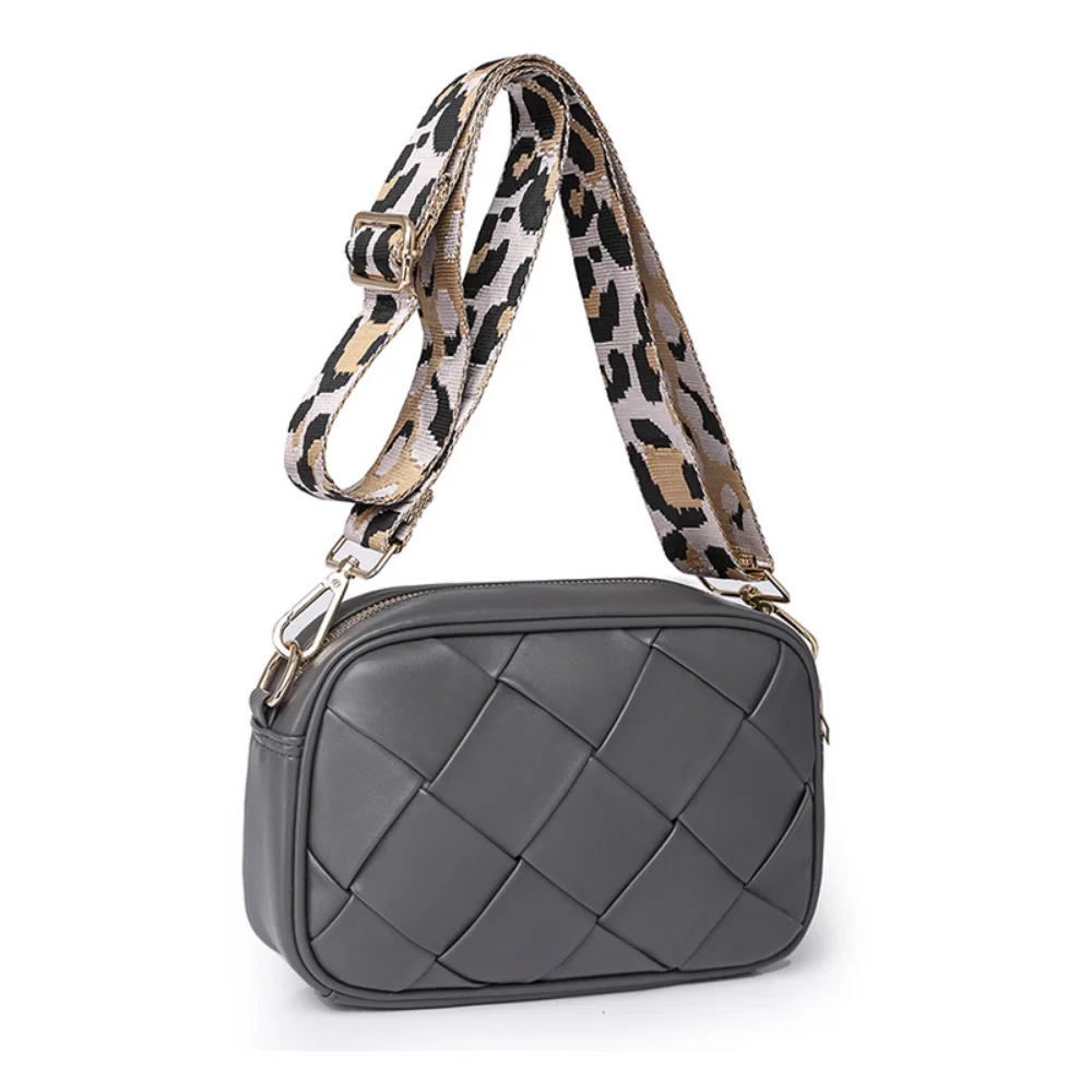Weave PU Leather Sling Bags Women Luxury Designer Fashion Leopard Guitar Strap Crossbody Bag Ladies Casual Vintage Shoulder Bag