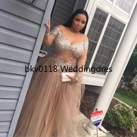 plus size charming prom dress beaded off the shoulder long sleeves evening dresses v neck tulle special occasion
