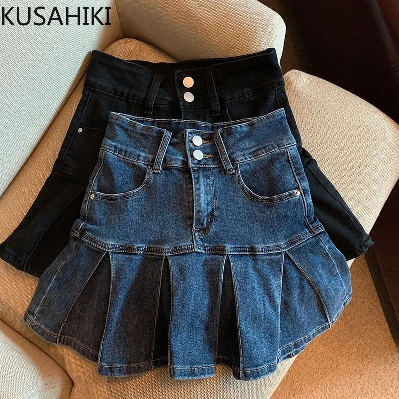 

KUSAHIKI High Waist Jeans Woman Mini Skirt Causal A-line Pleated Demin Skirts 2021 Autumn Winter New Bottoms Faldas Mujer 6N889