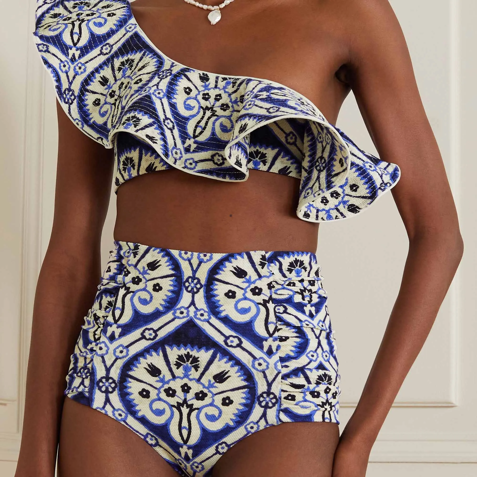 

One Shoulder Ruffle Split Swimwear Trendy Blue Printed Pleated Bikini High Waist Cut Beachwear Chic Elegant Pool Wear 2022