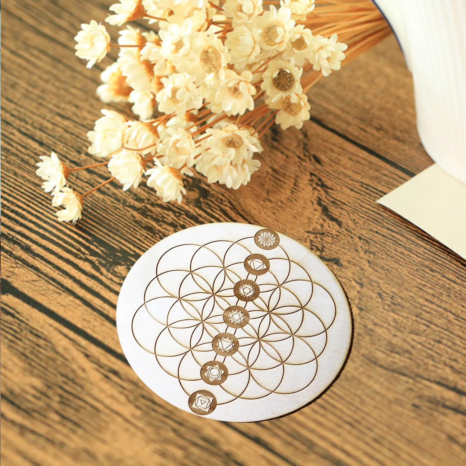 

10 Pcs/set Kitchen Table Pad Natural Wood Round Edge Circles Carved Coaster For Home Decoration Table Cushion Chakra Flower