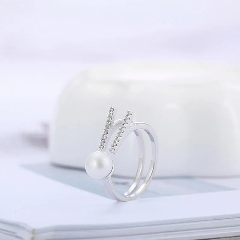 

[MeiBaPJ]High Quality AAA Zircon Simple Ring Natural Freshwater Pearl Jewelry 925 Sterling Silver Adjustable ring for women
