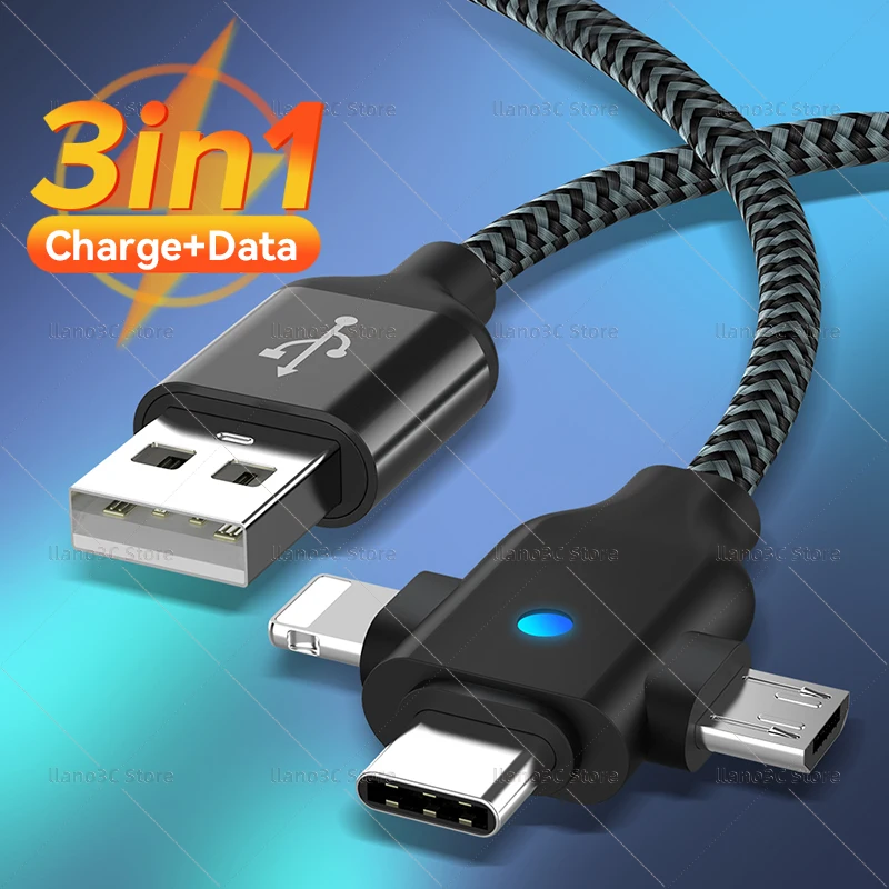 

LED 3 in 1 USB Type C Cable for iPhone 14 13 12 2.4A 3in1 Micro USB Type C Charging Data Cable for Huawei Samsung Xiaomi POCO X3