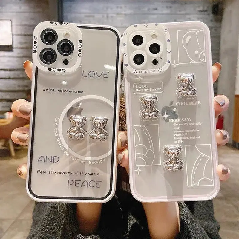 

3D Cool Silver Bear Phone Case For iPhone 13 12 11 Pro Max XR XS X 6 7 8 Plus SE Transparent Shockproof Lens Protection Cover