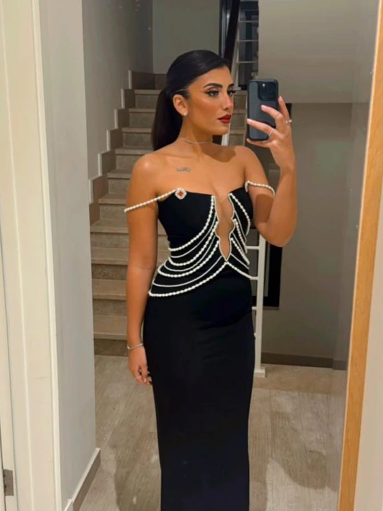 Сексуальное длинное бандажное платье без бретелек с жемчугом и бисером женское