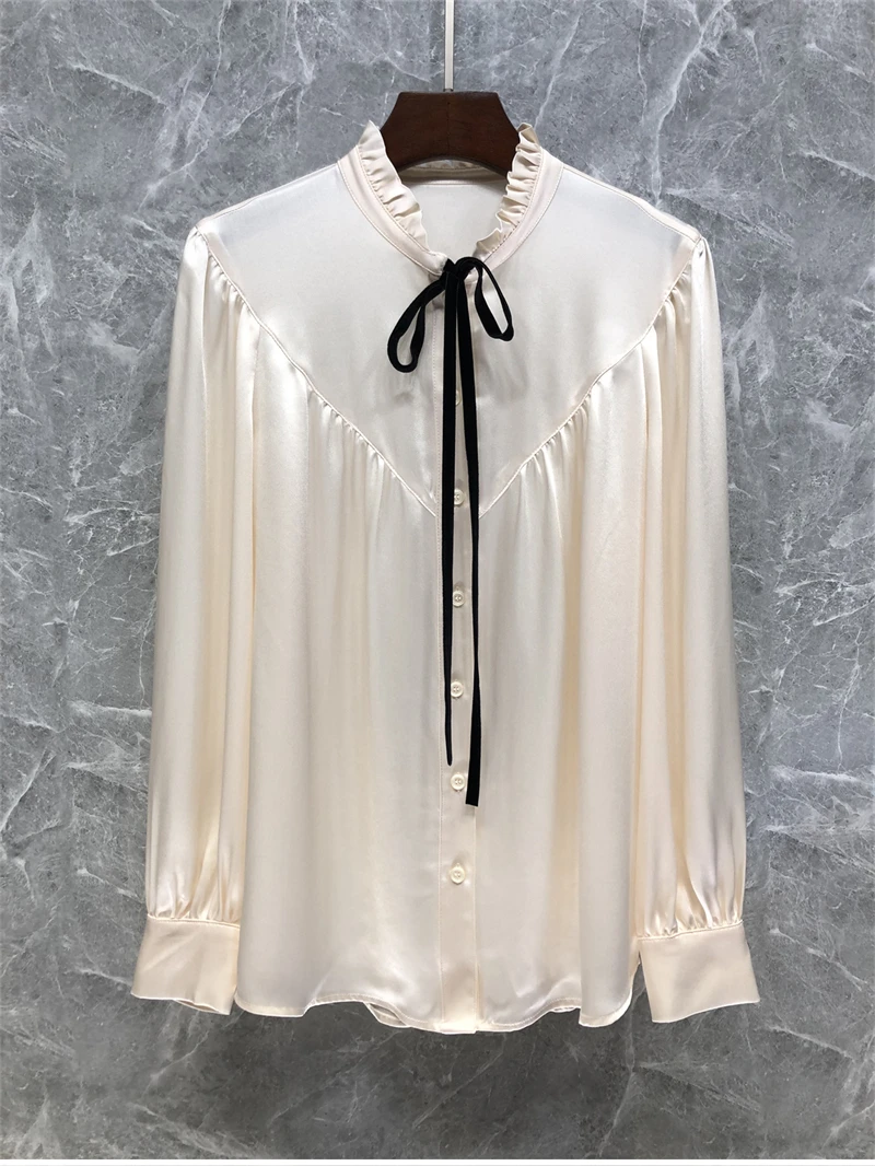 Top Quality Silk Blouses 2023 Spring Summer Shirts Women Bow Collar Long Sleeve Elegant Work Shirts Ladies National Silk Tops OL