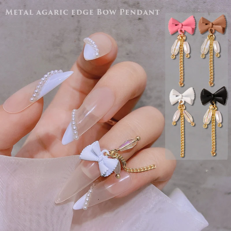 

3Pcs Delicate Alloy Bowknot Colored Nail Art Decorations Pearl Crystal Chain Tassel Manicure Accessories Wholesale Dropshipping