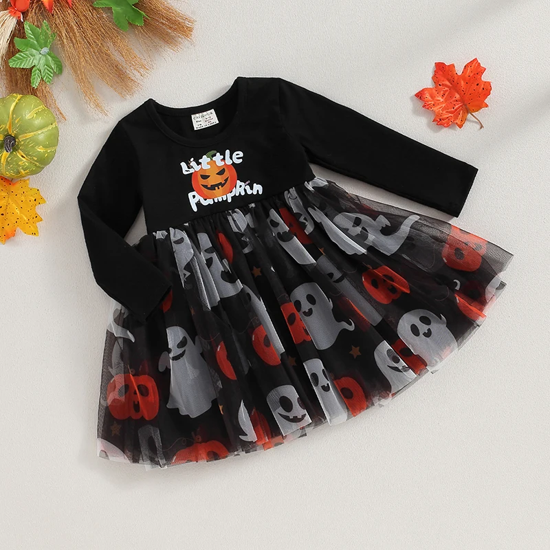 

Костюм для маленьких девочек на первый Хэллоуин, наряд с призраками и тыквой, платье-пачка с длинным рукавом, нарядное платье, комплект наряда для вечеринки