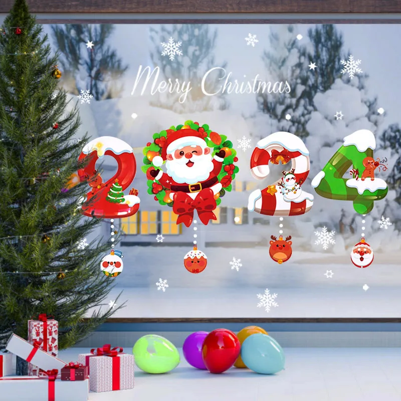 

1set 2024 Merry Christmas Window Stickers Christmas Decorations For Home Santa Wall Sticker Decals Xmas New year Party Decorting