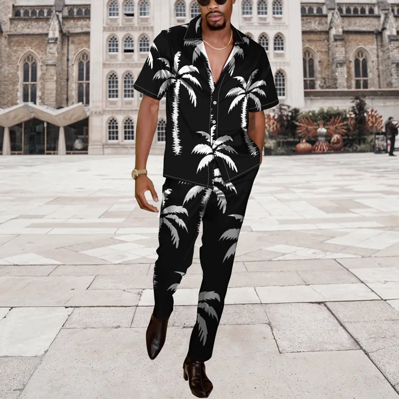 

2022new Men's Short Shirt Beach Style Loose Casual Two-Piece Set [rinted Summer Lapel Button Shirt+ Sweatpants