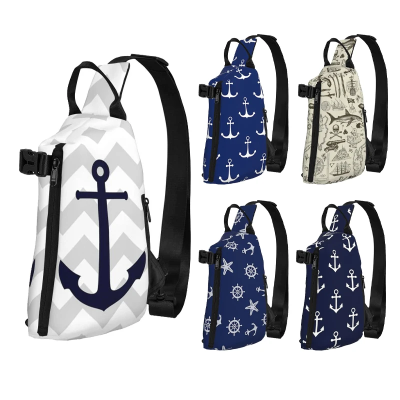 Blue Nautical Anchor Blue Nautical Anchor Pattern Shoulder Bags Chest Cross Chest Bag Diagonally Casual Man Messenger Bag