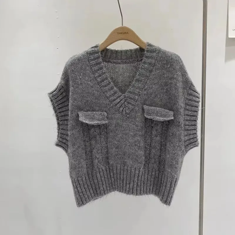 Осень-весна винтажные вязаные пуловеры с v-образным вырезом жилеты женские серые