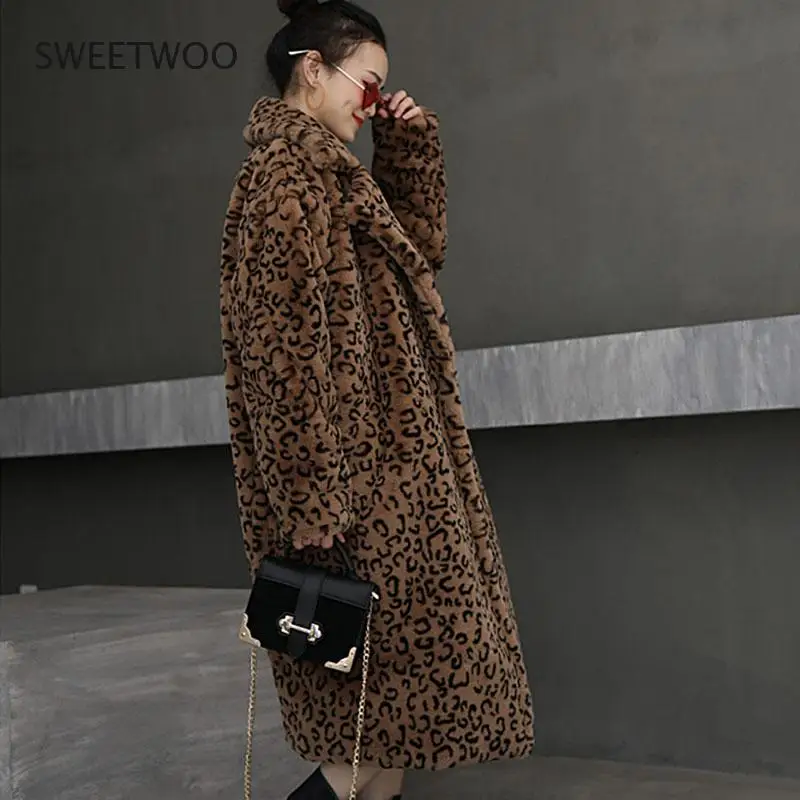 2021 Winter Thick Warm Leopard Long Teddy Fur Coat Women Outerwear High Quality Loose Suit Collar Faux Rabbit Fur Jacket Female
