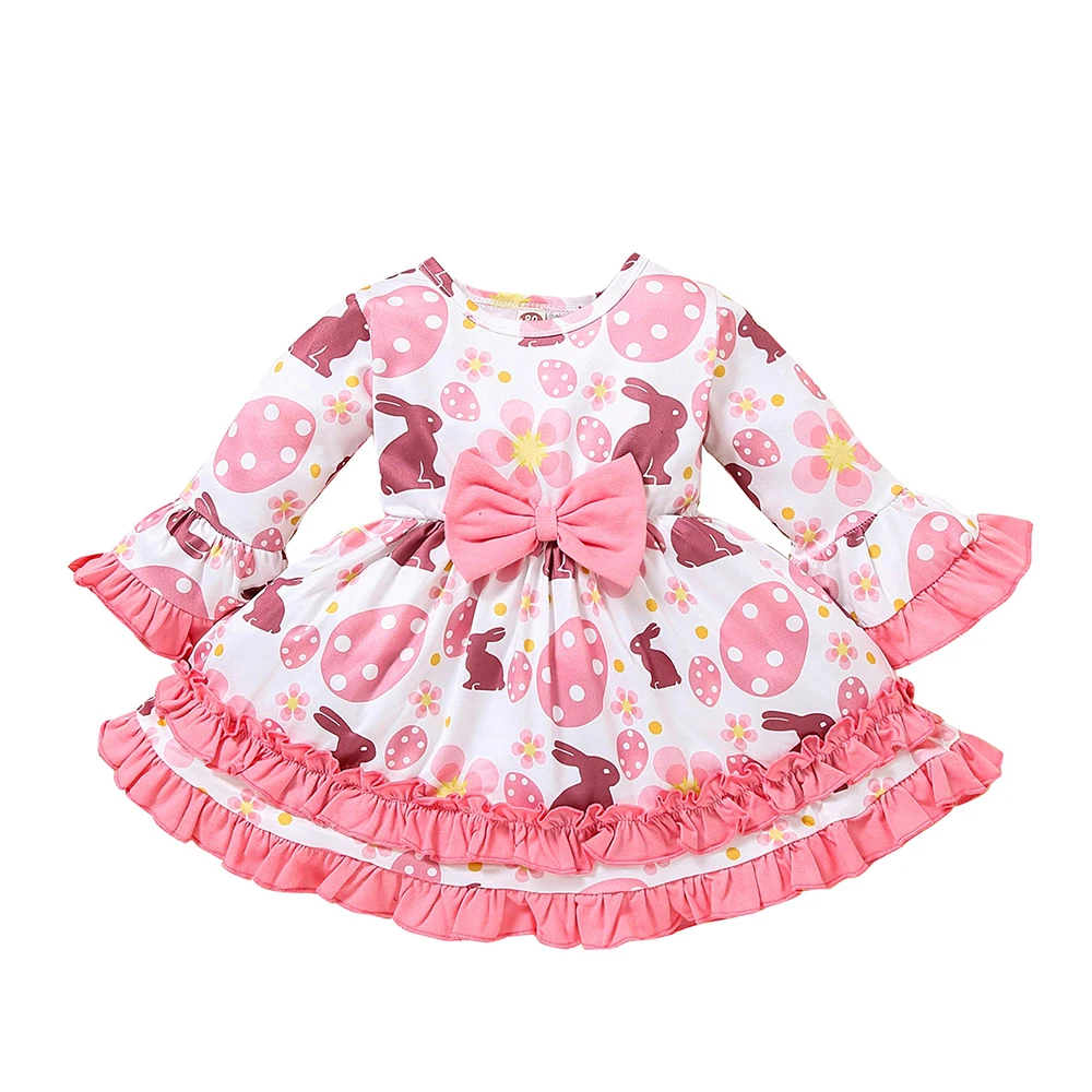 

Baby Girls Floral Spring Dresses Casual Long Sleeve Knee Length Animal Fit & Flare Bow O-Neck Jersey Girls Pullover Ruffle Dress