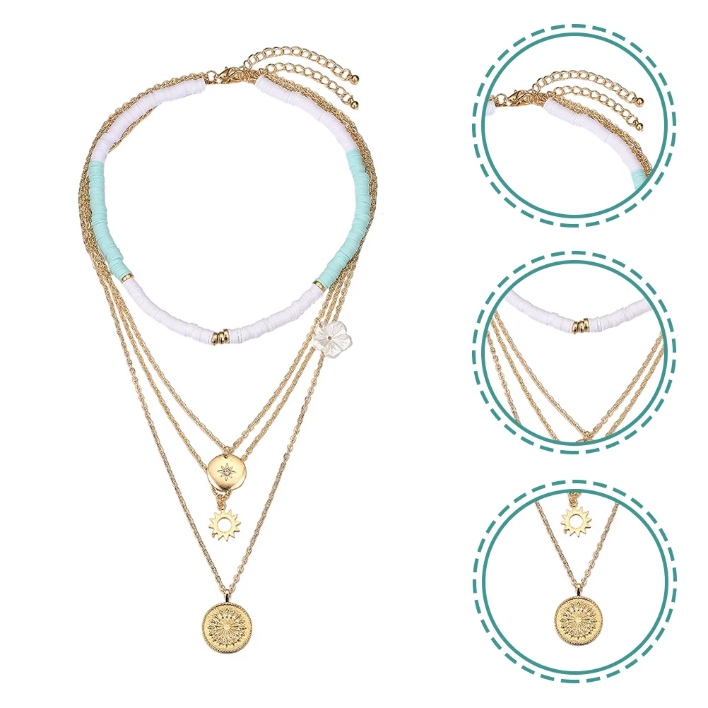 

1 Set Layered Neck Chain Clay Slice Necklace Flower Sun Clavicle Pendant Jewelry